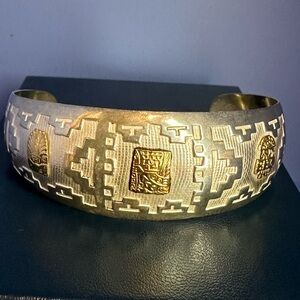 Vintage 18KT/Sterling Silver Cuff Inca  Bracelet from Peru Adjustable